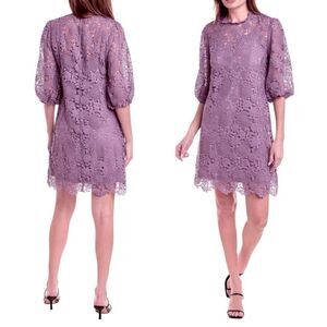 Johnny Was Lorrie Purple Crochet Lace Mini Dress Puff Sleeves Size Medium